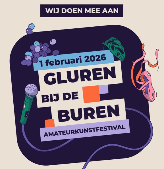 1 februari 2026 flyer gluren bij de buren met band met de naam 'zonder prik'